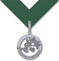 Image of the silver wattle medallion, featuring a silver circle engraved with the words "Scouts Australia" with a piece of wattle in the centre. 